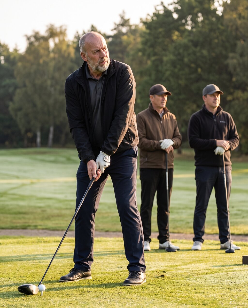 Ralf List am ersten Abschlag, zwei wartende Golfer beobachten ihn im Hintergrund