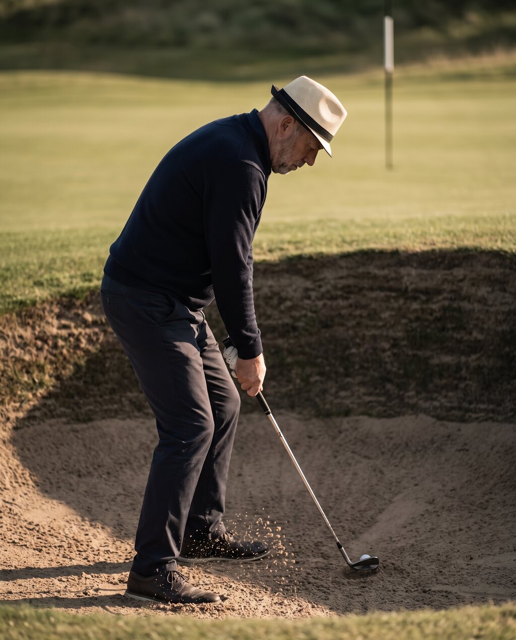 Ralf List gräbt die Füße in den Sand eines Bunkers, bevor er zum Schlag ansetzt