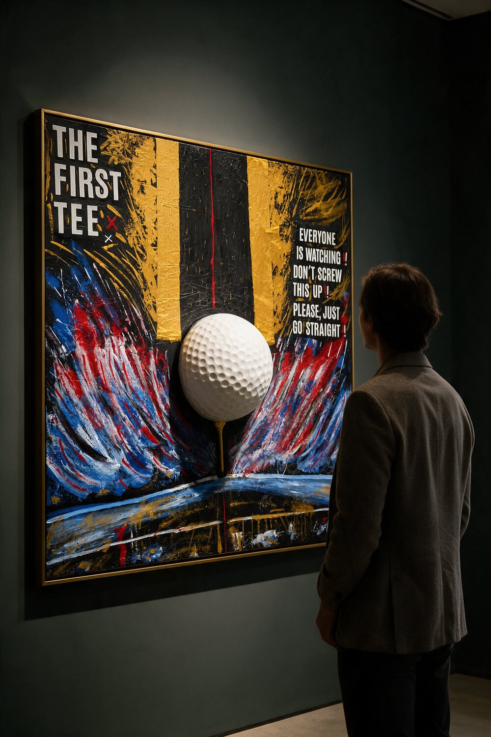 Un espectador ante la obra «THE FIRST TEE» en una galería: la pelota de golf de tamaño gigante sobresale en tres dimensiones del lienzo